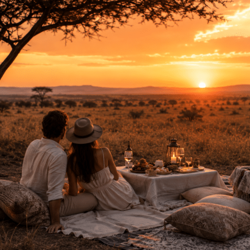 Deux personnes assises sur une couverture, de dos, près d’un pique-nique éclairé aux bougies avec fruits et verres, au coucher du soleil dans une savane, sous un arbre.