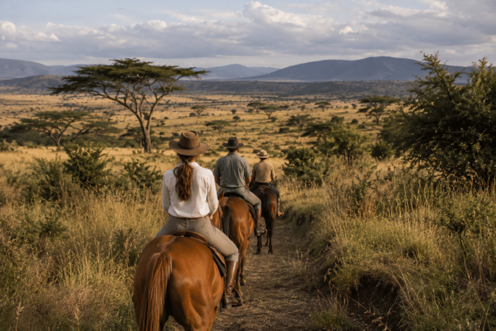 Trois cavaliers à cheval, dont une femme au premier plan, chevauchant un sentier dans la savane au coucher du soleil, avec des arbres épars et des collines au loin.