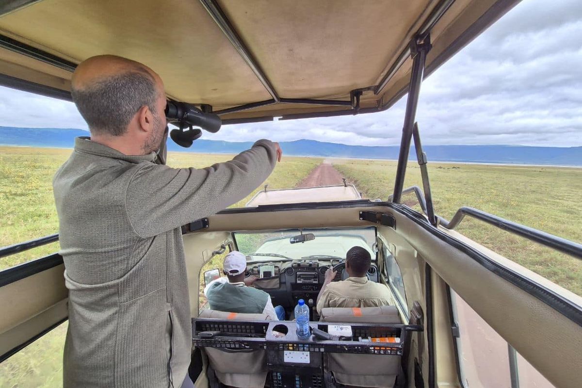 Vue depuis l’intérieur d’un 4x4 de safari, le guide au volant sur une piste de Tanzanie